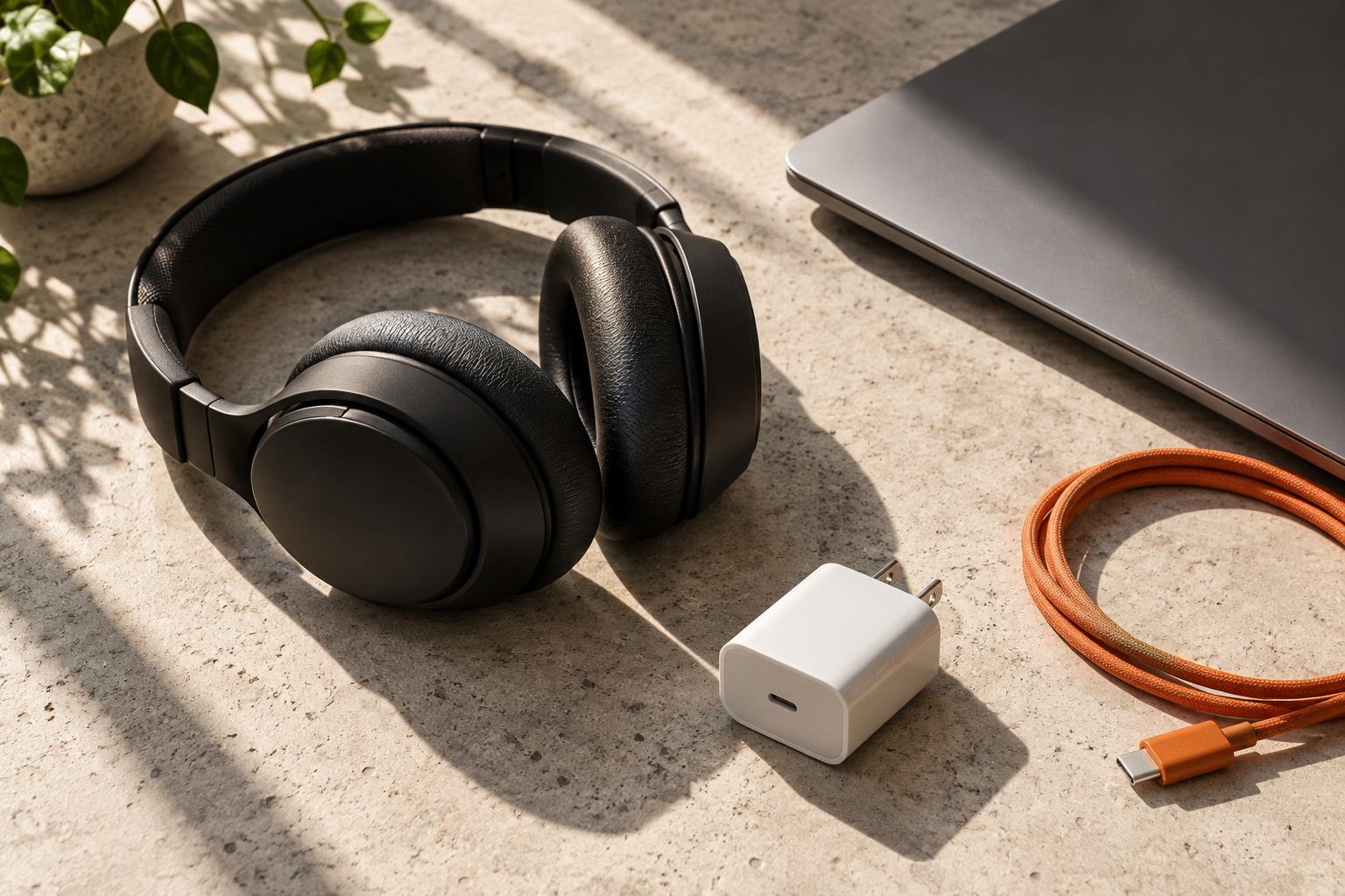 Headphones, charger and laptop arranged on a sunlit desk